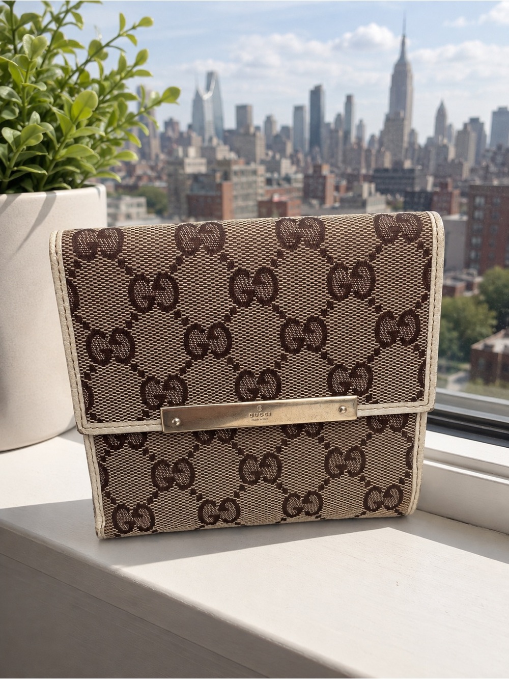 Gucci Beige and Brown GG Canvas Fold Wallet with Gold Plate